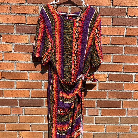 Vibrant gorgeous vintage wrap around maxi dress multicolor tropical tribal print - Picture 7 of 10